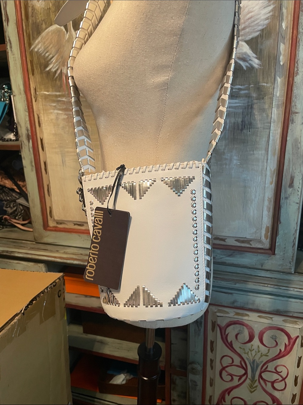 Roberto Cavalli White Leather Crossbody with Silver Accents